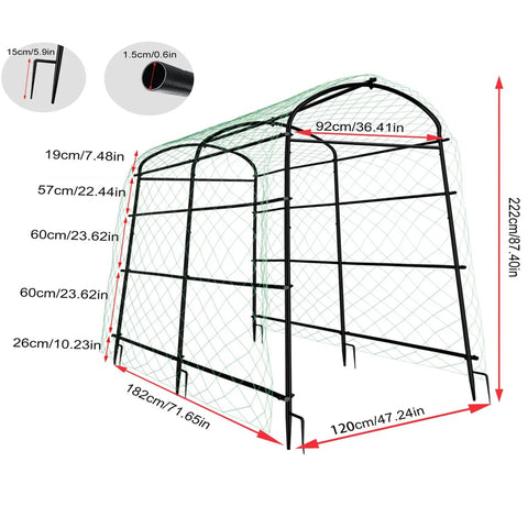 87 Inch Metal Garden Trellis Arch with durable net, shown with dimensions for climbing plants outdoors