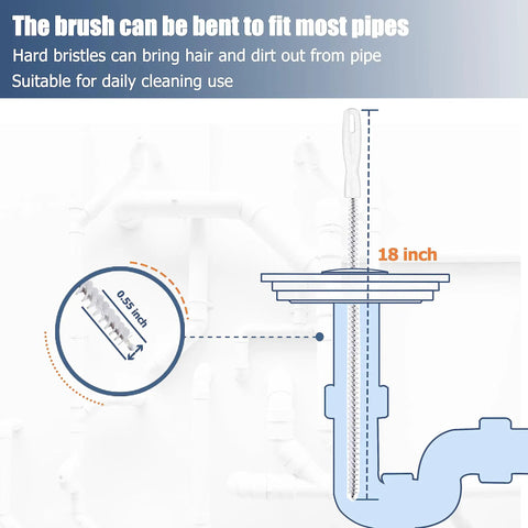 Diagram of Pro Grade Long Reach Drain Clog Remover Kit brush showing bendability, 18 inch length, and 0.55 inch bristle width