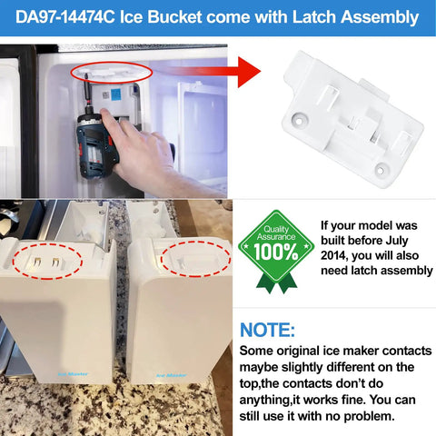 Easy Swap Ice Bucket With Auger Assembly DA97-14474C installation guide, featuring latch assembly details