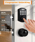 Smart Fingerprint Door Lock With Knob Set For Front Door No Fuss 4 In 1 Keyless Entry Deadbolt Fingerprint Passcode App Control Auto Lock Electronic Door Knob With Smart Keypad Easy Install Black in use, showing a hand unlocking with fingerprint.