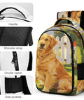 Red Mailbox Yard Pup Printed Backpack For Everyday Use, featuring dog print, handle, shoulder strap, and side pockets.