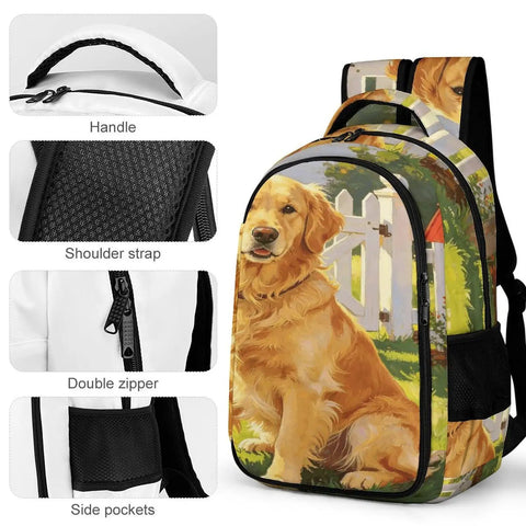 Red Mailbox Yard Pup Printed Backpack For Everyday Use, featuring dog print, handle, shoulder strap, and side pockets.