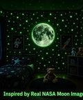 Glow In The Dark Ceiling Stars And Moon Wall Decals For Kids Bedroom Or Nursery on walls, inspired by real NASA moon image.
