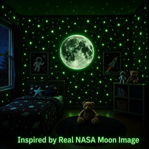 Glow In The Dark Ceiling Stars And Moon Wall Decals For Kids Bedroom Or Nursery on walls, inspired by real NASA moon image.