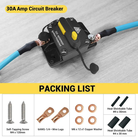 Rock Solid 30 Amp Circuit Breaker Fuse Inline Holder with wiring and components, designed for marine and auto applications.