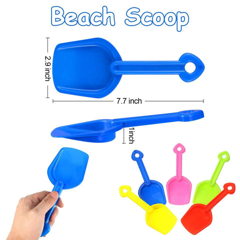 12 Piece Colorful Beach Sand Shovels For Kids Set With Plastic Summer Scoops For Toddlers Outdoor Digging Play Heavy Duty Garden Digging Toy Accessories displayed in various colors with dimensions.