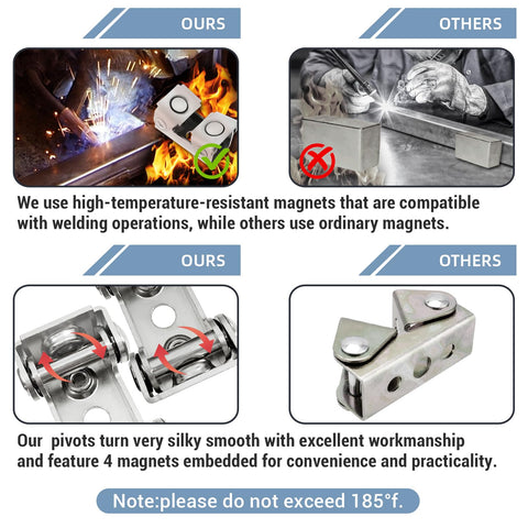 Comparison of our Heavy Duty Magnetic V Pads Kit Four Piece Dual Sided Welding Magnets with others, showing temperature resistance and design.