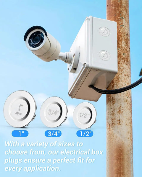 CCTV camera mounted on metal box with 24 Pcs Three Quarter Inch Knockout Seals For Electrical Boxes Plug And Seal Kit shown below.