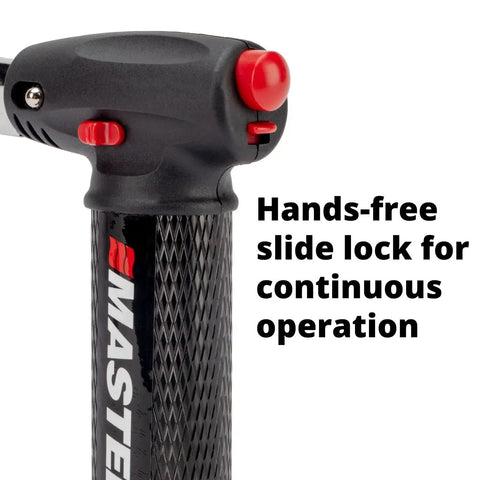 Close-up of Butane Micro Torch Kit With Adjustable Flame Flameless Heat Tool showing hands-free slide lock for continuous operation.