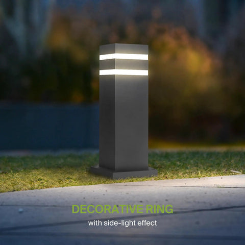 Round 18 Inch All Weather Outdoor Bollard Light Fixture With 60W E26 Socket 120V Dimmable Waterproof Compatible LED CFL Incandescent Bulbs ETL Listed Black Landscape Pathway Lantern illuminated at night with decorative ring effect.