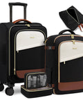 LOVEVOOK luggage set: two black carry-on suitcases with white panels, brown trim, gold zippers; includes 40L backpack.