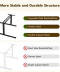 Comparison of desk structures showing thicker steel and upgraded side bracket for stability in L Shaped Electric Standing Desk For Home Office And Gaming 59x40 Inch Reversible Corner Desk With Electric Height Adjustment Sit Stand Setup Left Or Right Includes Hook And Cup Holder Oak Finish.