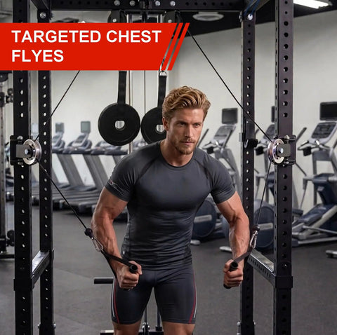 2 Pack Rotating Pulley Attachment For 3x3 Power Rack Swivel Aluminum Cable Setup With 1 And 5/8 Inch Adapters in action during chest flies.