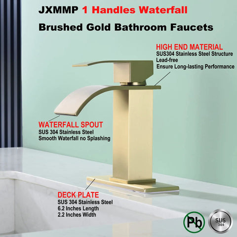 Waterfall Bathroom Faucet In Brushed Gold With Pop Up Drain And Deck Plate For 3 Hole Install Single Hole Vanity Faucet Lead Free Stainless Steel