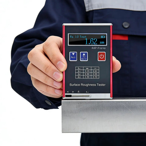 Hand holding Roughness Tester Meter Profilometer With Data Storage And OLED Display for precision surface measurements