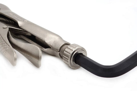 Close-up of a locking plier gripping a hex wrench, part of the Pro Grade 15 Piece Locking Pliers Set With C Clamps Long Nose Pliers Pinch Off Pliers Sheet Metal Clamp U Shaped Pliers And Tool Bag Built For DIYers And Pros.