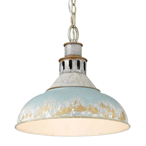 Teal Kinsley Pendant Light in aged galvanized steel for farmhouse kitchen island, rustic vintage inspired ceiling light fixture.