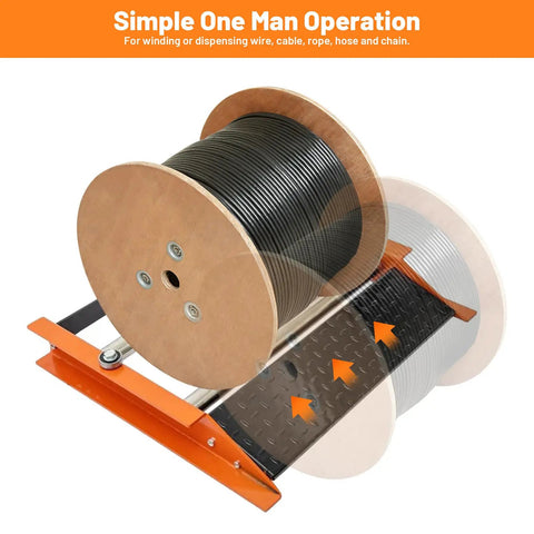 Heavy Duty Cable Roller Stand Unwinder and Single Reel Dispenser for Reels Up To 28 Inches Wide with drum roller and arrows