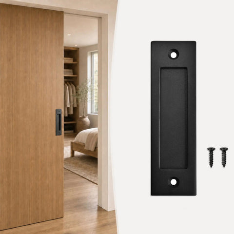 Deadly Smooth 6 Inch Sliding Barn Door Handle Tough Grip Design Matte Black Flush Pocket Door Pull on a wooden door.