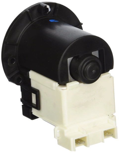 LG 4681EA2001T drain pump assembly; black motor housing atop white plastic base, side view