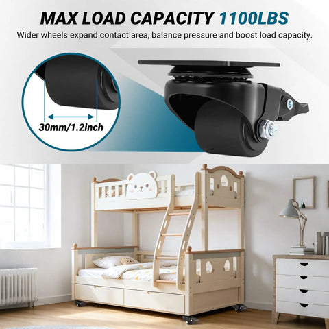 Low Profile 30mm Plate Casters Set Of 4 Beefy Heavy-Duty Nylon Wheels 1100 Lbs Capacity on bed frame illustration