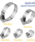 Five adjustable stainless steel hose clamps for pipes