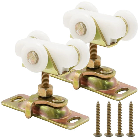 Sliding Pocket Door Rollers Assembly, 2 Pack Top Hanger Replacement Kit For Johnson Bypass Closet Doors, Three Quarter Inch Roller Wheels Fit Doors From One And Three Eighths Inches Thick, Smooth Quiet Operation, Durable Hardware