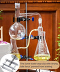 Lab setup with 12Pcs Heavy Duty Tube Water Stopper Steel Telescopic Flow Control Tubing Clamps, holding glass apparatus securely.