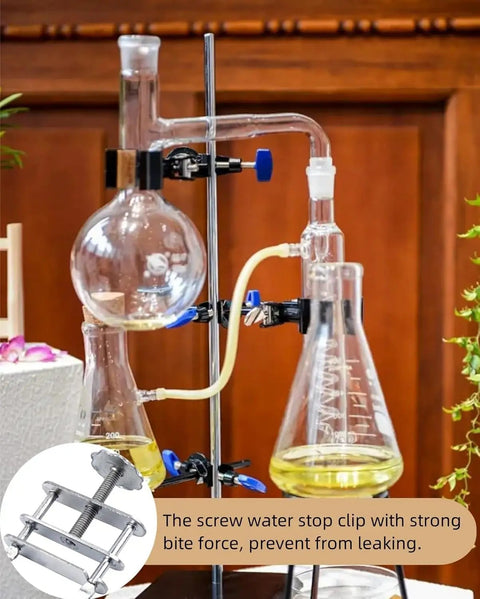 Lab setup with 12Pcs Heavy Duty Tube Water Stopper Steel Telescopic Flow Control Tubing Clamps, holding glass apparatus securely.