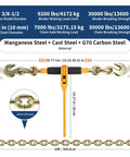 Detailed view of Heavy Duty 2 Pack Ratchet Load Binder Set With Grade 80 Chain And Grab Hooks 9200 Lbs Capacity made of manganese steel.