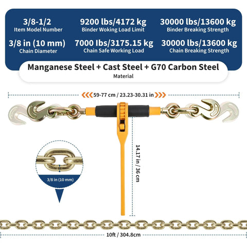 Detailed view of Heavy Duty 2 Pack Ratchet Load Binder Set With Grade 80 Chain And Grab Hooks 9200 Lbs Capacity made of manganese steel.