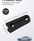 Four Piece Silicone Car Door Lock Protectors To Ditch The Slam Noise And Guard Vehicle Jambs From Scuffs, Tough Heavy Duty Shock Absorber Pads For Smoother Daily Operations In Black, individual door latch pad size 1.65x0.39 inch in black.
