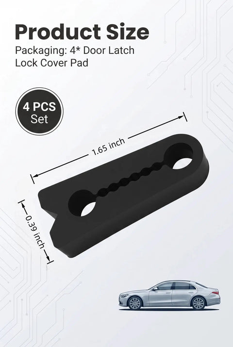Four Piece Silicone Car Door Lock Protectors To Ditch The Slam Noise And Guard Vehicle Jambs From Scuffs, Tough Heavy Duty Shock Absorber Pads For Smoother Daily Operations In Black, individual door latch pad size 1.65x0.39 inch in black.