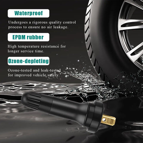 Four Pack TPMS 20008 Tire Valve Stems With Rubber Airtight Seal For Pressure Sensors Snap In Tubeless Replacement on wet surface with tire