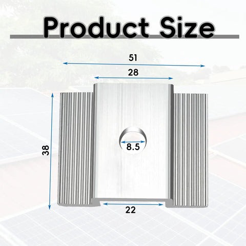 50 Pcs Aluminum Solar Panel Mid Clamps 1.06 Inch For Roof Mounts, Silver Bulk Kit showing product size dimensions.