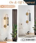 Plug In Wall Light With Smoke Gray Glass Shade And Gold Brass Finish, Retro Inspired Mid Century Modern Sconce On and Off