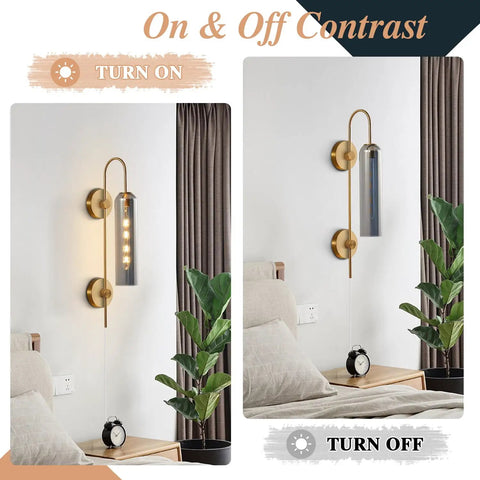 Plug In Wall Light With Smoke Gray Glass Shade And Gold Brass Finish, Retro Inspired Mid Century Modern Sconce On and Off