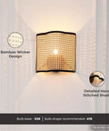 Mid Century Bohemian Wall Sconce Lamp with Rattan Shade and Velvet Rim, cozy ambient lighting for bedroom, living room, dining area or kitchen