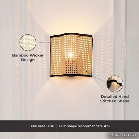Mid Century Bohemian Wall Sconce Lamp with Rattan Shade and Velvet Rim, cozy ambient lighting for bedroom, living room, dining area or kitchen