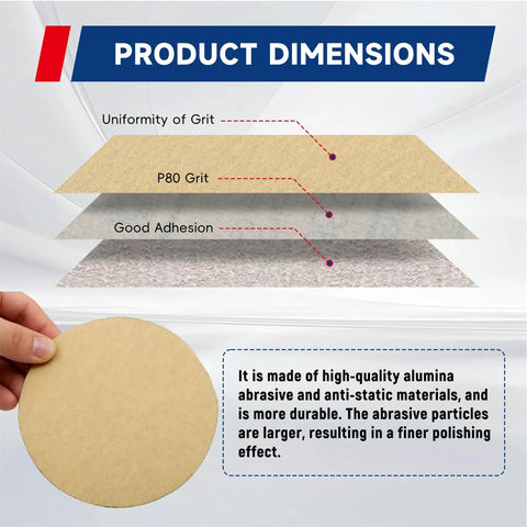 Grab These Awesome 100 Pc Hook Loop Sanding Discs With Aluminum Oxide Grit For Smooth Quick Changes On Power Tools Without Worry About Loose Paper At Super Fast Spin Speeds, showing product dimensions and P80 grit detail.