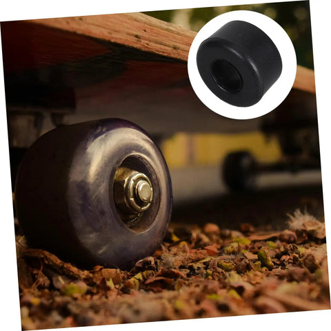 Close-up of quad skate wheel on leaves with inset of 10 Pack PU Shock Absorbing Cushions for Quad Skates, Beginner Friendly Roller Skating Aid