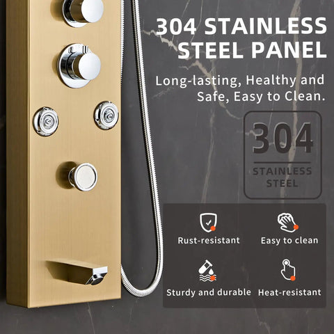 Heavy Duty Led Five In One Shower Panel Tower System With Brushed Gold Finish And Rock Solid 304 Stainless Steel Frame For Quick Hookup And Daily Showers