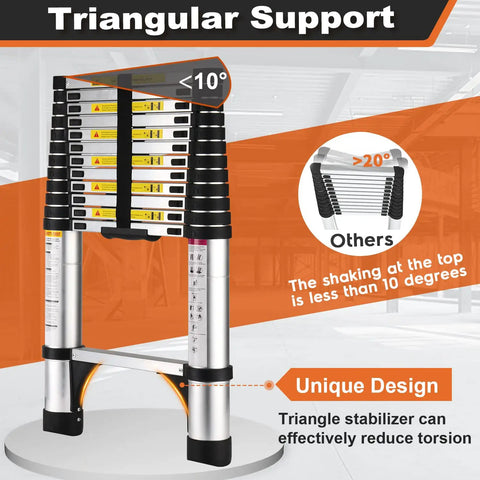 10.5 Ft Telescoping Aluminum Ladder With Dual Triangle Stabilizers in use showing triangular support and stability features.