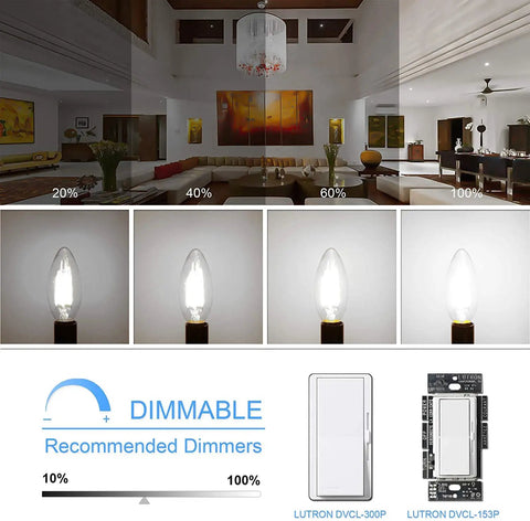 Dimmable E12 LED Candelabra Bulbs 5000K Daylight Chandelier 60W 600LM Pack Of 6 showing light intensity levels and dimmer options.