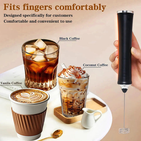Rechargeable Milk Frother Handheld For Coffee With 3 Speeds 2 Heads And Stand Barista Grade Electric Milk Foam Wand shown with coffee drinks