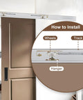 Heavy Duty Pocket Door Soft Close Bracket With One Inch Tri Wheel Hanger Rig For Seamless Bidirectional Glide No More Slamming Just Smooth As Butter Sliding Action Always installation guide showing wheels, track, and hanger.
