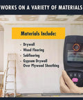 Electronic Stud Finder, Professional Wall Scanner with Wood, Metal, Live Wire Modes, displaying material compatibility with drywall and wood.
