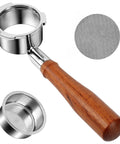 Front view of a 51mm bottomless portafilter with wooden handle; includes 51mm puck screen and metal filter basket.