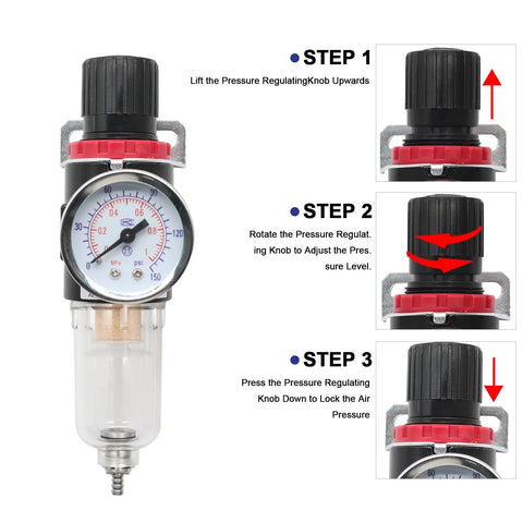 1/4 Inch NPT AFR2000 Air Compressor Filter Regulator Combo With Water Oil Separator showing operation steps