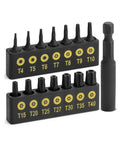 Heavy Duty 15 Piece Torx Bit Set T4 Through T40 Tamper Proof Security Star Bits 1/4 Inch Hex Shank organized storage holder